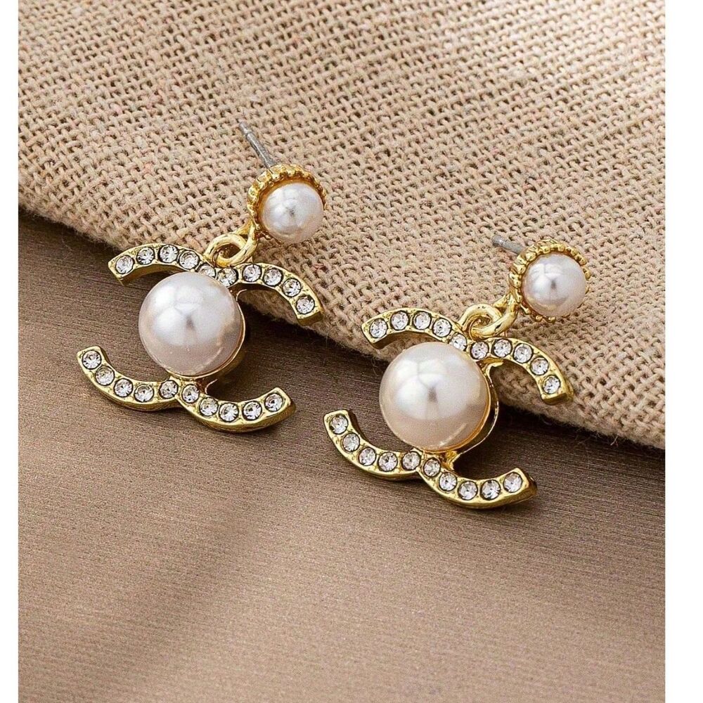 Gold Crystal Gemstone C-Shaped Dangle Earrings Pearl Gemstone Drop Pendant Charm - Picture 2 of 3